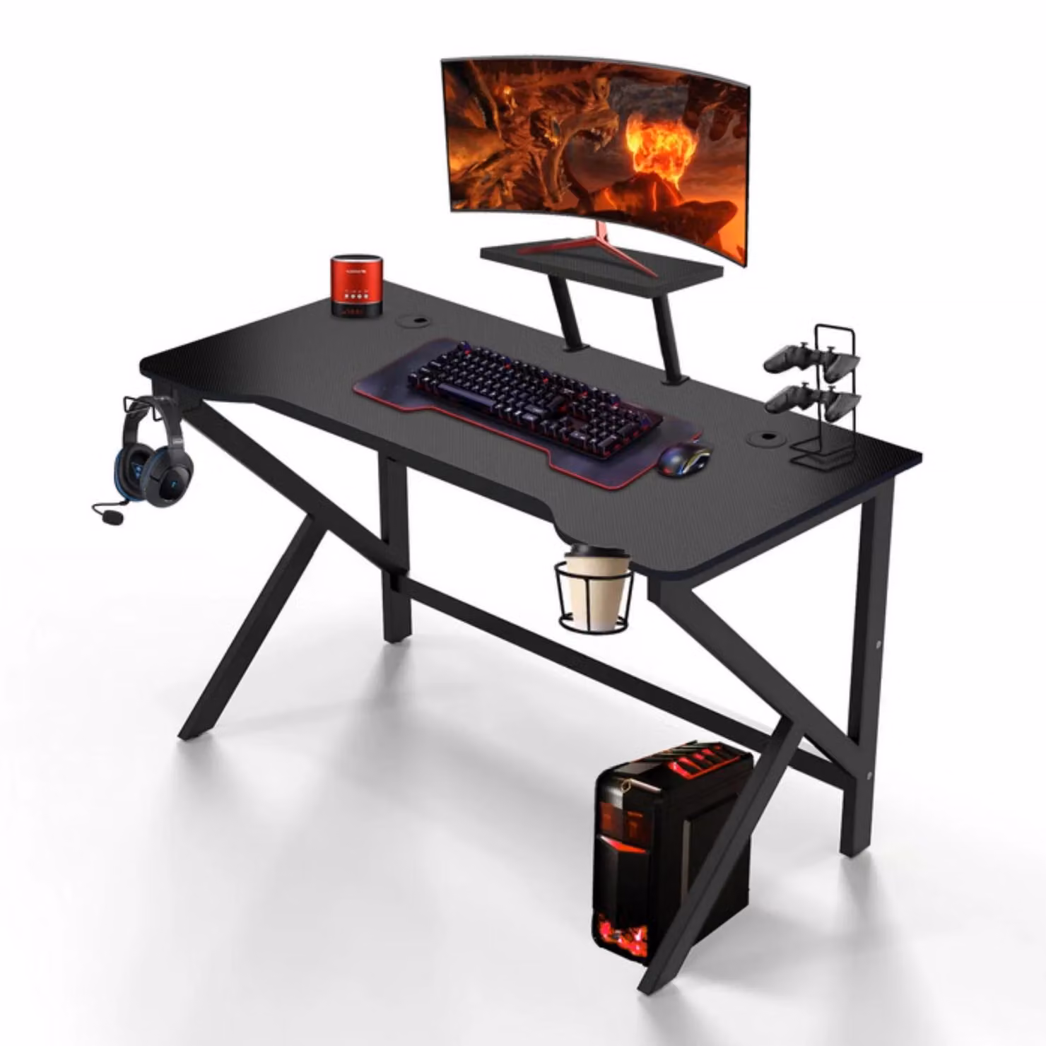 Scrivania da gaming - Tavolo per computer 100 x 55 cm - Ergonomica - Con portabevande e supporto per cuffie - Piano porta tastiera e spazio contenitivo - Nero
