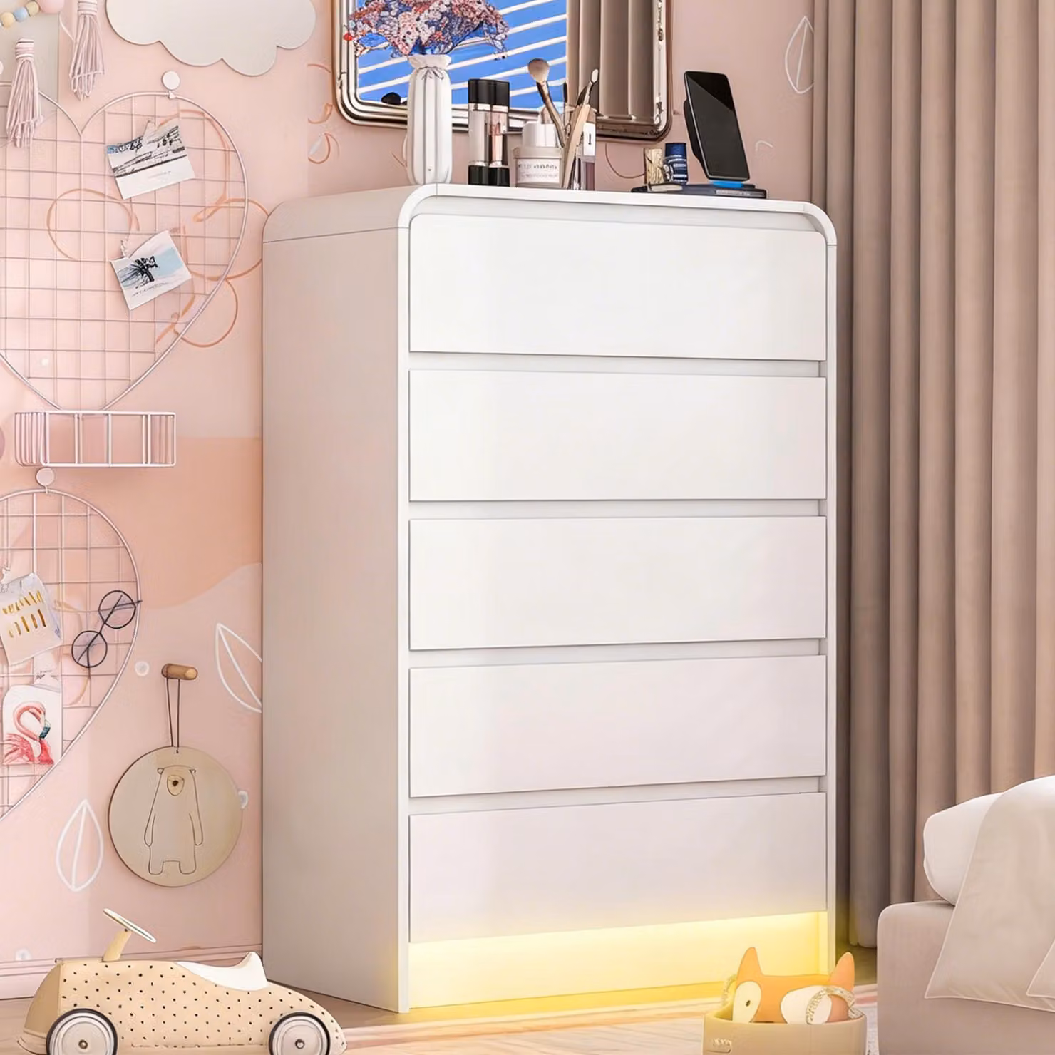 Comodino REMZETTA con 5 cassetti e illuminazione LED colorata, bianco, 73 x 40 x 110 cm, cassettiera per camera da letto e soggiorno