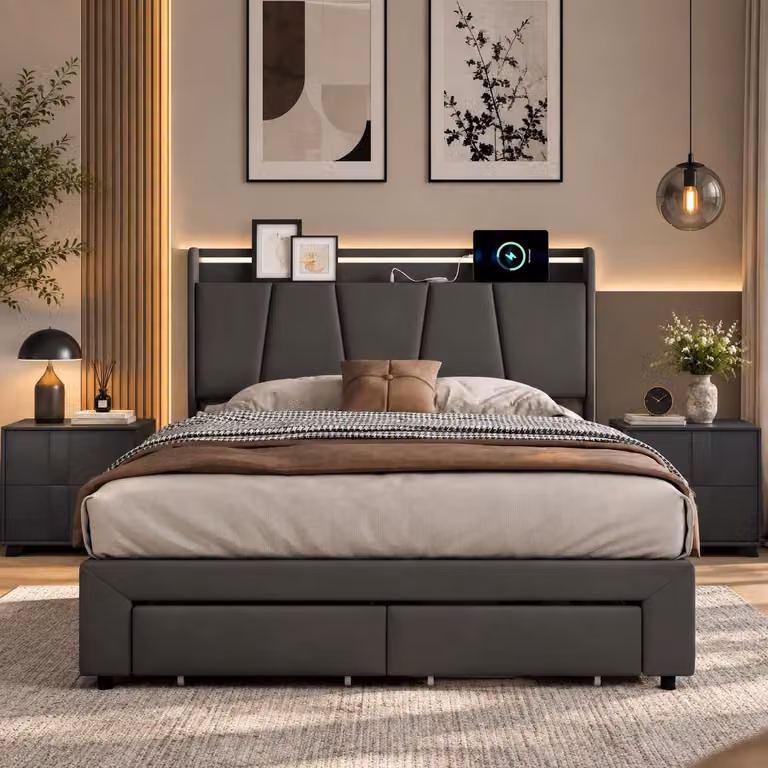 Letto imbottito idraulico INONEFT, 140x190 cm, con LED e USB, 2 cassetti, letto per ragazzi con testiera imbottita e spazio contenitivo, tessuto: lino, colore: grigio scuro