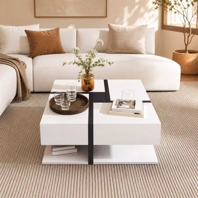 Tavolino da caffè quadrato in truciolato con 4 cassetti e finitura lucida, 78x78x36 cm, bianco e nero