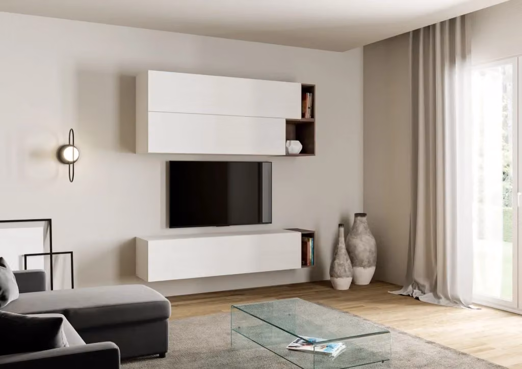 Composizione parete soggiorno moderna Itamoby A30 bianca con mensole aperte e pensili L: 194 cm, P: 39,2 cm, H: 40 cm – 2