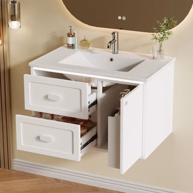 Mobile lavabo da bagno sospeso WISHDOR in MDF laccato bianco con lavabo in ceramica e illuminazione LED integrata L: 76 cm, P: 46 cm, H: 51 cm