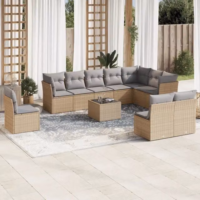 Set di divani da giardino VIDAXL in polyrattan con cuscini beige, composizione a L da 11 pezzi