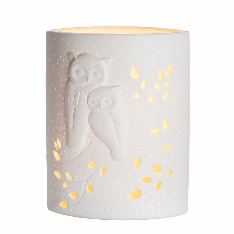 Lampada da tavolo Gilde, motivo gufo, porcellana, bianca, confezione da 1, lunghezza 10 cm, larghezza 18 cm, altezza 28 cm. Codice prodotto: 32277. Codice EAN: 4063387322772