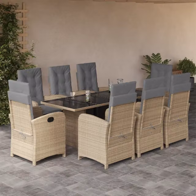 Set da pranzo da giardino vidaXL in polyrattan con tavolo in vetro e 9 sedie con cuscini beige, nero e grigio