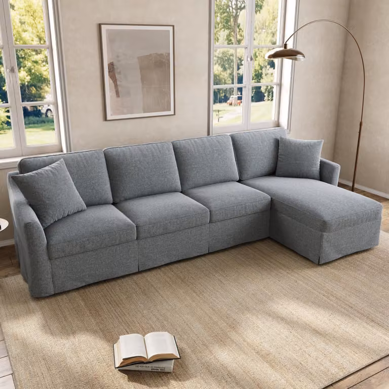 Divano okwish a 4 posti, con chaise longue e spazio contenitivo, divano angolare con rivestimenti in cotone e lino rimovibili e lavabili, divano per soggiorno, colore grigio