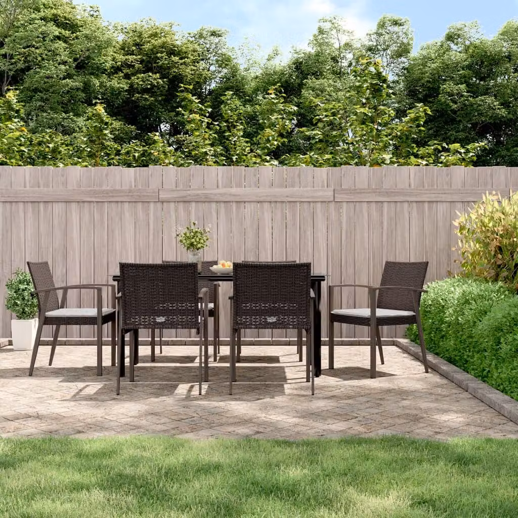 Set da pranzo da giardino vidaXL in polyrattan e acciaio con 7 pezzi e cuscini, tavolo rettangolare in vetro e struttura moderna disponibile in bianco, nero o marrone