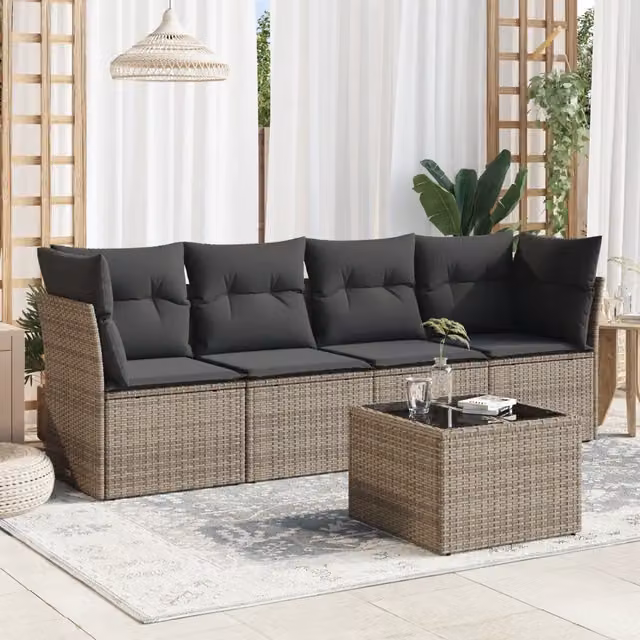 Set Divano da Giardino 5 pz con Cuscini-Sofa da Giardino-Divanetto da esterno Grigio in Polyrattan 538976