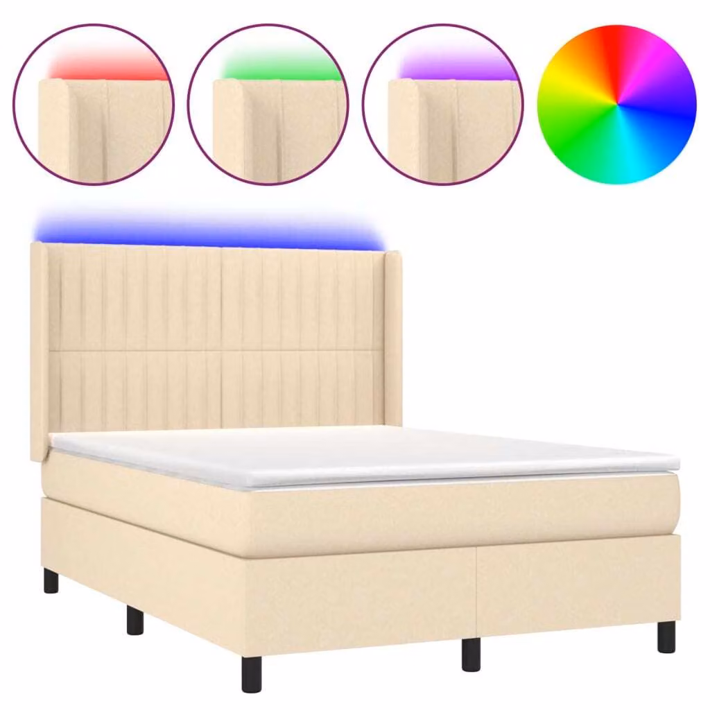 Letto a Molle con Materasso e LED Crema 140x190 cm in Tessuto