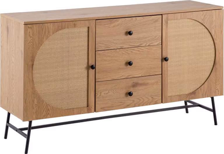 WOHNLING Credenza 140x80x40 cm Comò in rovere con intreccio in rattan Moderno Comò alto Armadio a colonna con 2 ante e 3 cassetti