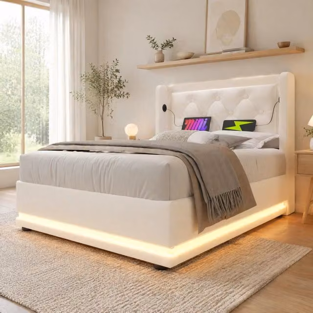 Letto singolo 90x200 cm con contenitore; USB-C e LED; rivestimento in PU bianco