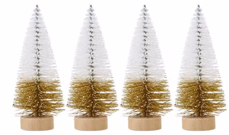 Albero di Natale artificiale in miniatura, 4,5 cm x 10,5 cm, colore bianco e oro, set da 4