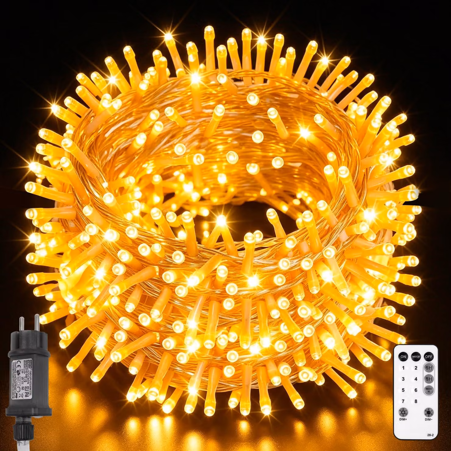 Catena luminosa da esterno, 30 metri, 300 LED, luce bianca calda, impermeabile, 8 modalità, timer