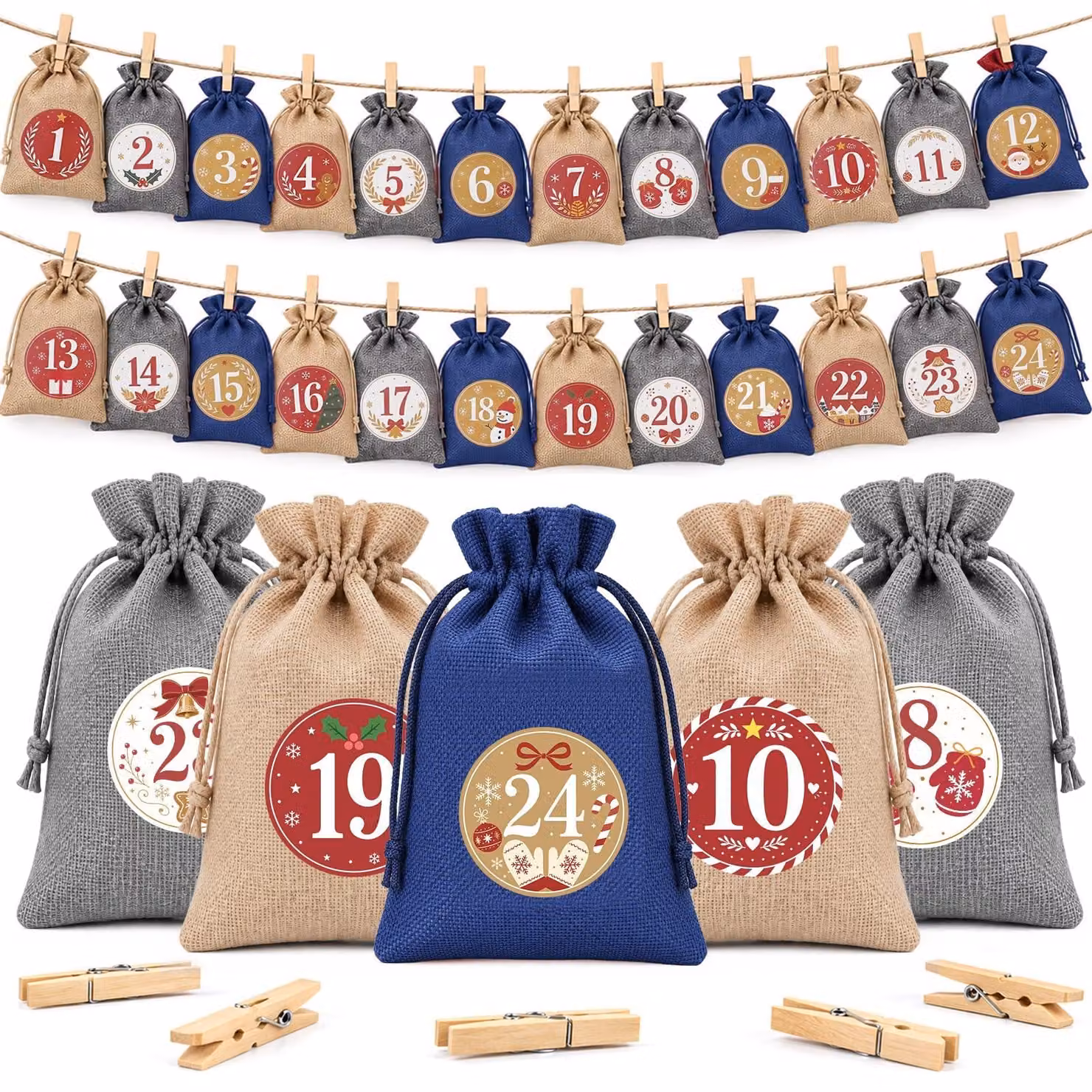 Calendario dell'Avvento con 24 sacchetti di juta, dimensioni 15x20 cm, con clip