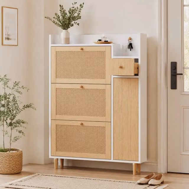 Scarpiera Mivray in stile scandinavo con ante a ribalta e cassetto, finitura bianco e beige in MDF e legno, L: 125 cm, H: 90 cm, P: 17 cm