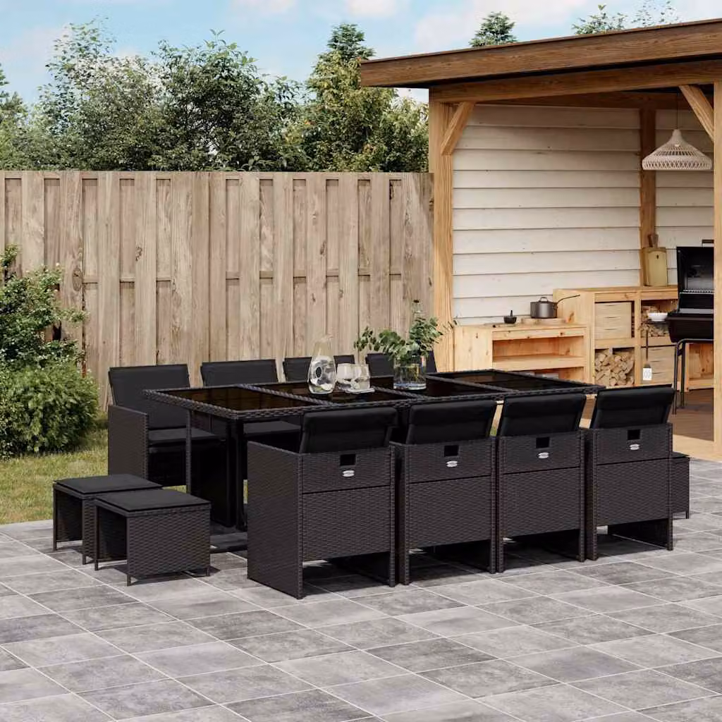 Set da Pranzo da Giardino vidaXL in Polyrattan Nero con Cuscini e Tavolo in Vetro 13pz – 1