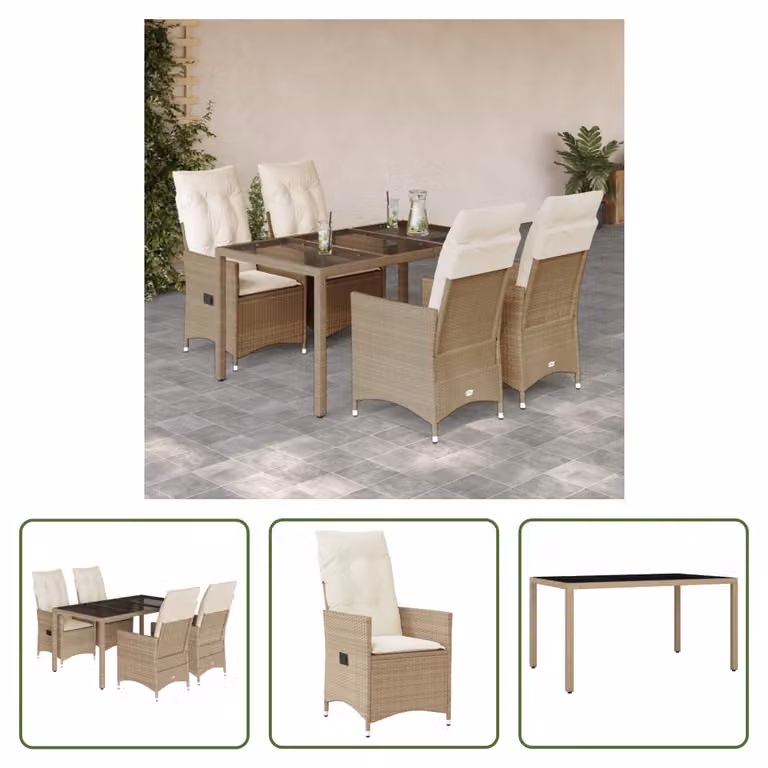 The Living Store Set da pranzo da giardino 5 pezzi con cuscini Beige poly rattan