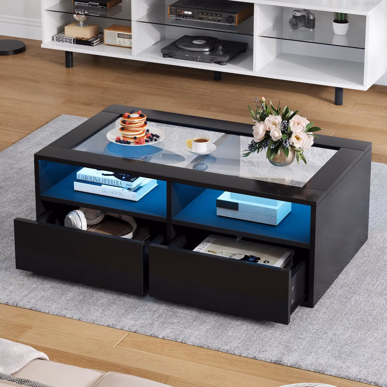 Tavolino Merax con LED e piano in vetro, tavolino da salotto con 2 cassetti, tavolino da divano moderno a due livelli con spazio di archiviazione aperto, nero