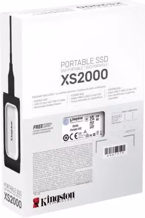SSD portatile Kingston XS2000 con connessione USB-C, capacità 2000 GB, disponibile in nero o argento