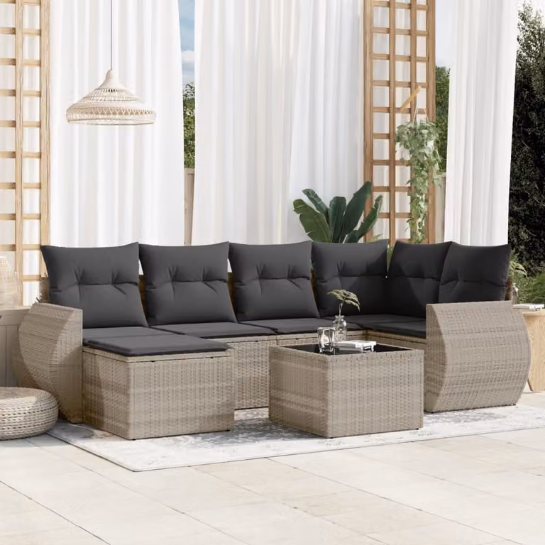 vidaXL Set Divani da Giardino 7pz a Forma di L in Polyrattan con Cuscini Grigio Chiaro e Tavolino da Esterno