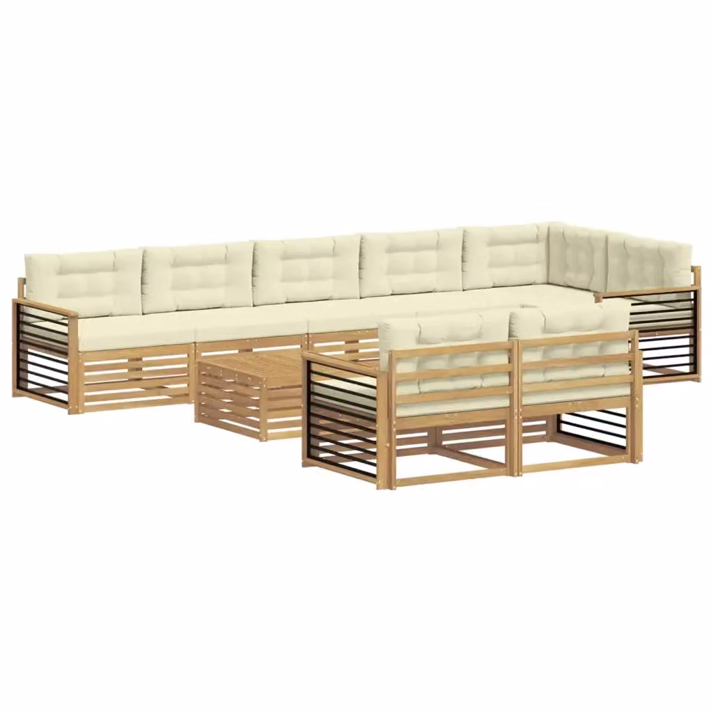 Set di divani da esterno a L vidaXL in legno di acacia con tavolo da caffè, colore bianco e beige, 9 pezzi – 2
