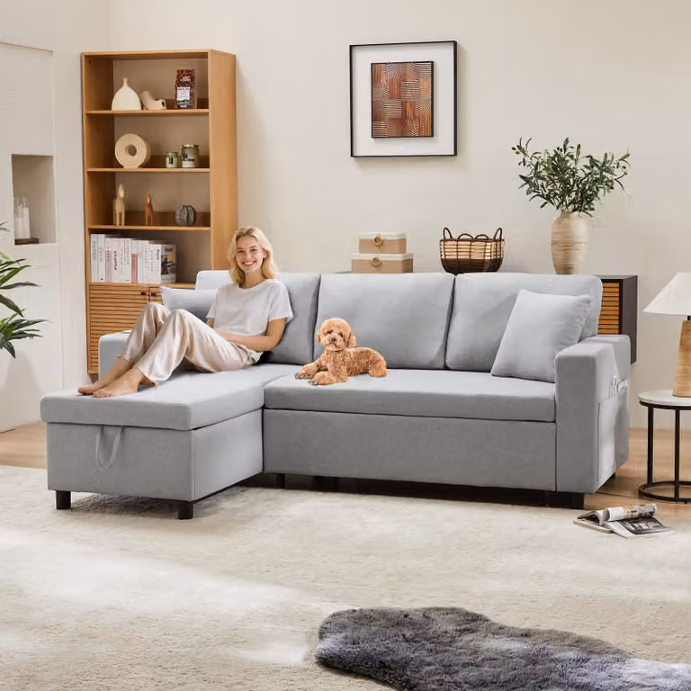 Divano angolare Merax a 3 posti con funzione letto, divano a L con box letto, divano tasca laterale zona giorno, set divano letto, grigio chiaro