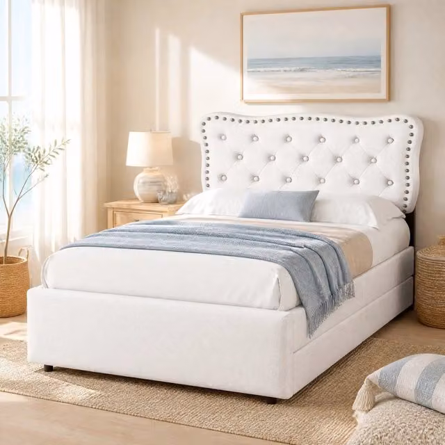 Letto singolo imbottito 90 × 200 cm in MDF e tessuto di lino beige chiaro con due cassetti e testiera regolabile