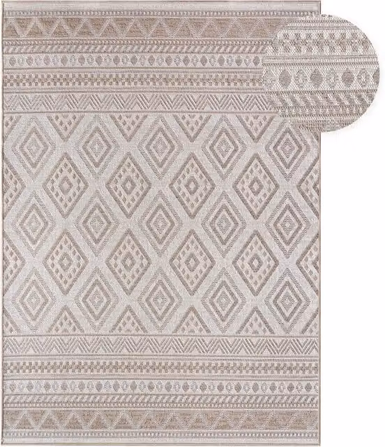 Tappeto Verona beige e grigio per interni ed esterni, stile boho con motivo a rombi, L: 100 cm, P: 60 cm