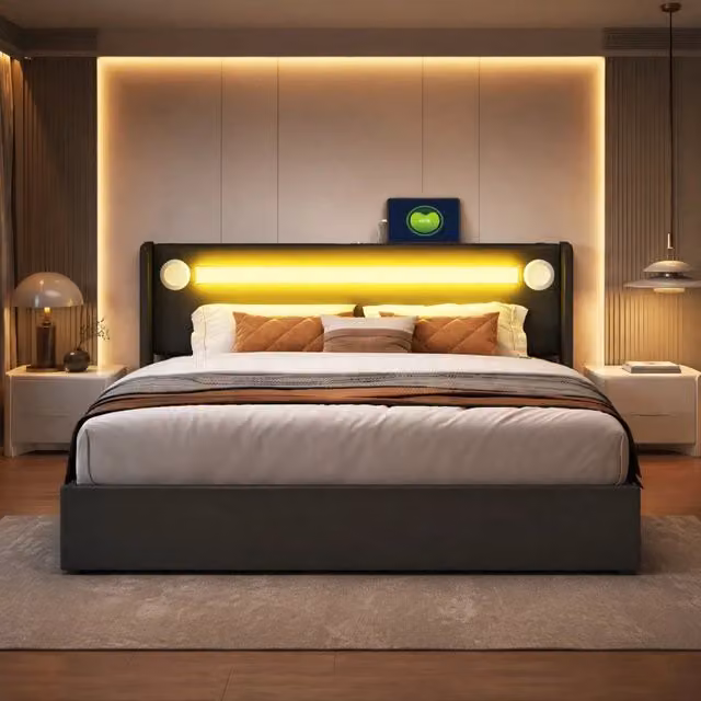 Letto matrimoniale imbottito 160x200 con luci LED, lettore Bluetooth, ricarica USB e vano portaoggetti in ecopelle nera