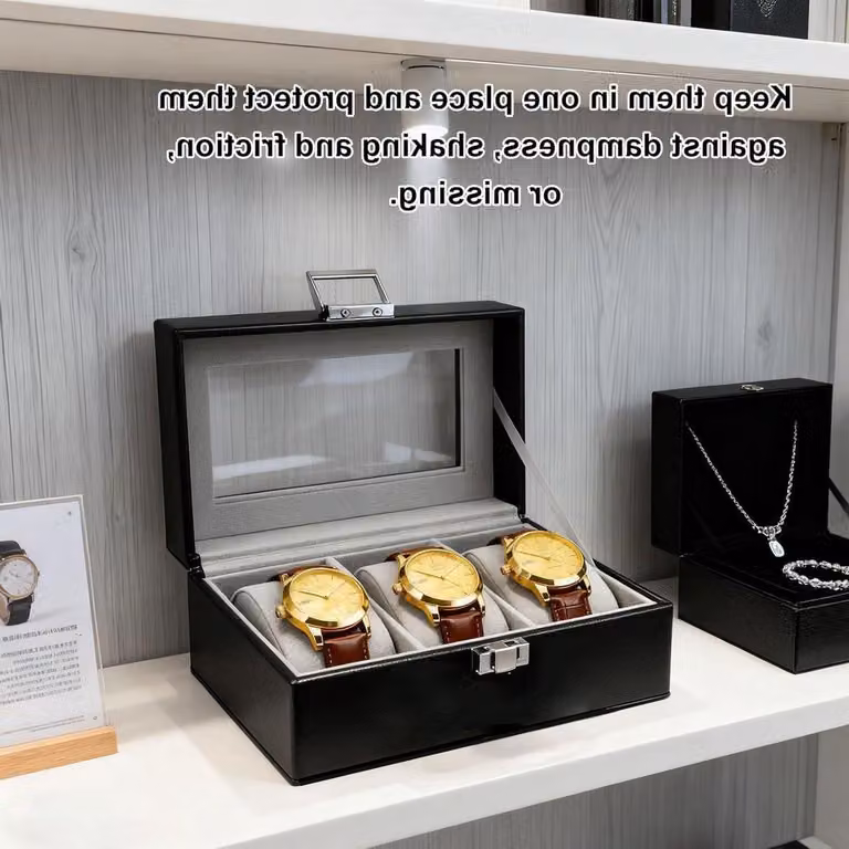 Scatola per orologi con 3 scomparti e coperchio in vetro, cuscino rimovibile, organizer antipolvere per orologi da uomo e da donna