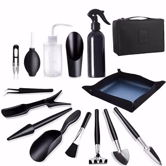 Set di 15 utensili per bonsai Unyqoos® per la cura delle piante: utensili in ferro resistenti alla ruggine, con rivestimento in smalto porcellanato, impugnature antiscivolo e borsa in cotone Oxford