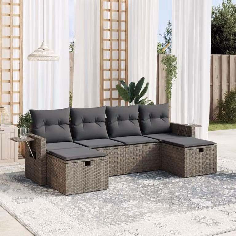 vidaXL Set Divano da Giardino a L 6 pz Grigio con Cuscini Imbottiti e Ottoman in Polyrattan e Metallo
