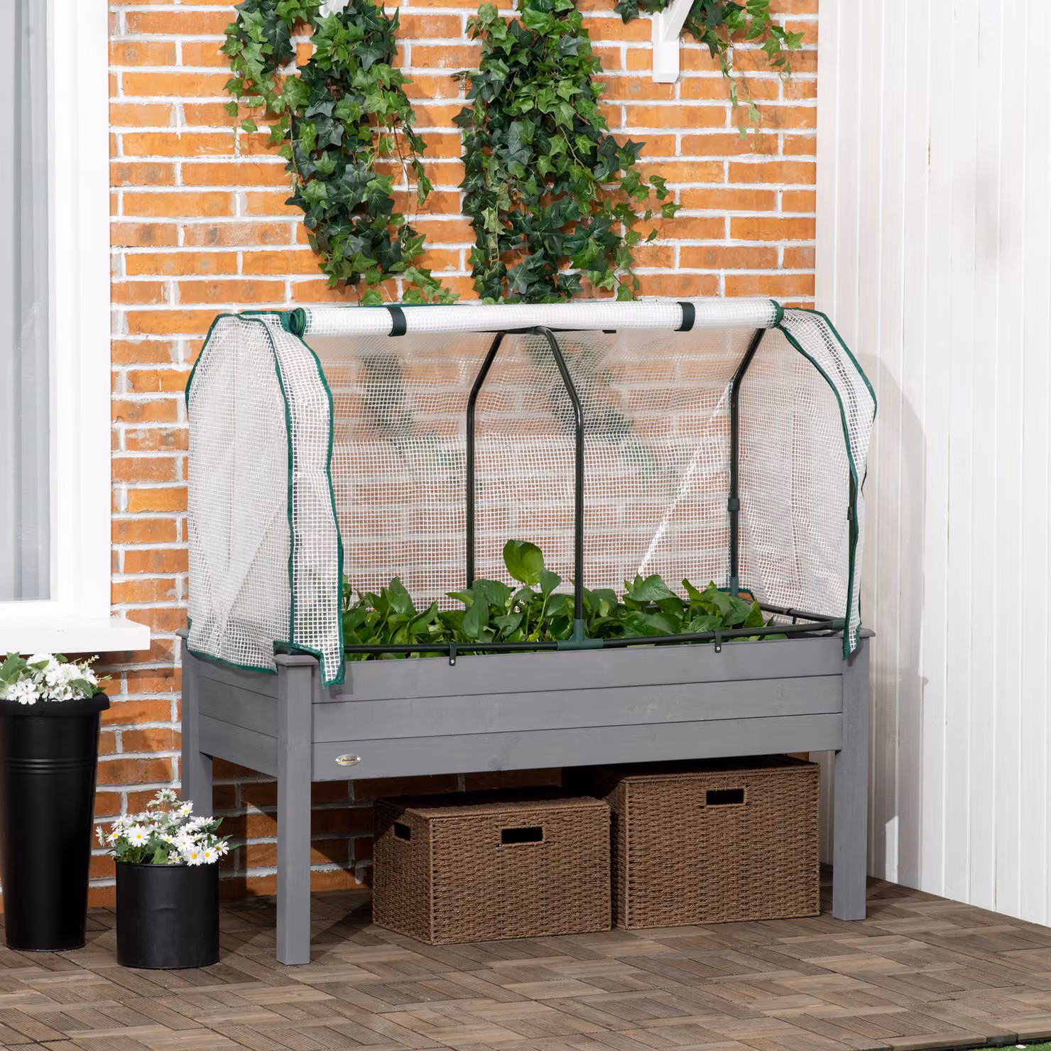 Letto per orto con serra da giardino Outsunny in legno e PE, Grigio Scuro, L 121 cm x P 55 cm x H 117 cm – 2