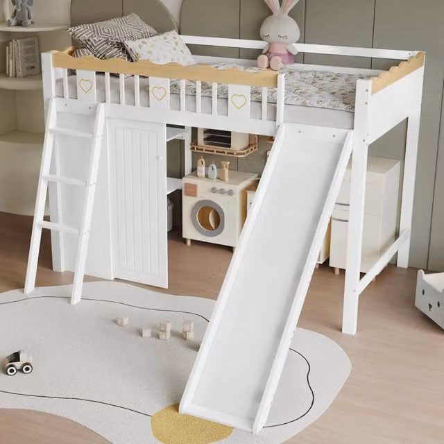 Letto a soppalco singolo 90 × 200 cm, scivolo, armadio e mobile contenitore, senza materasso, bianco naturale