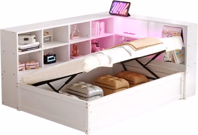 Letto singolo 90x200 in legno bianco con contenitore e LED， per spazi piccoli， senza materasso