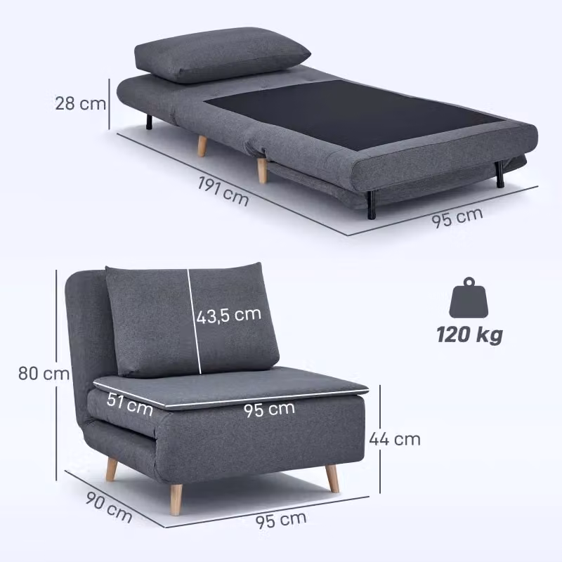 Poltrona Letto 3 in 1 REDOM Grigia con Schienale Reclinabile e Struttura in Legno di Faggio – 2