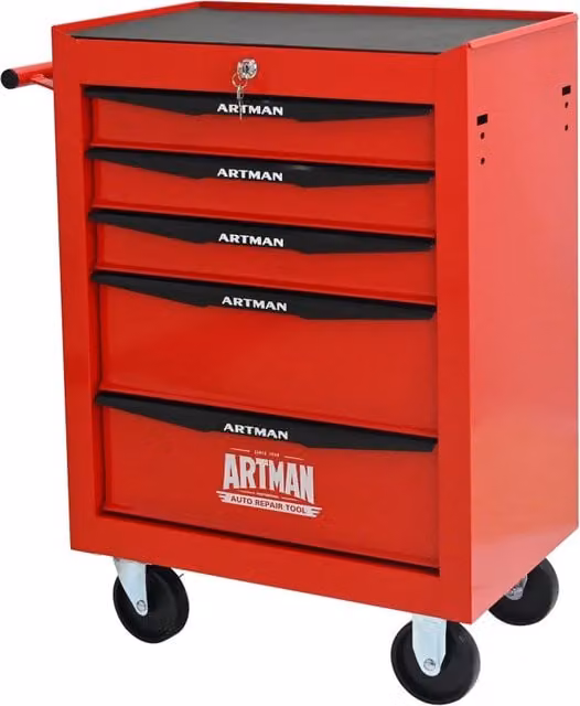 Mobile contenitore Chicfurn in acciaio con 5 cassetti, ruote e chiusura a chiave per officina e garage, rosso e nero, L: 77,5 cm, P: 33 cm, H: 60 cm