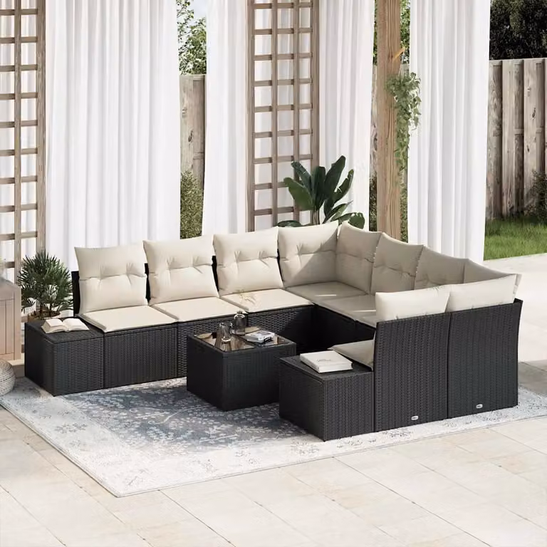 Set Divano da Giardino Moderno vidaXL in Polyrattan con Tavolino e Cuscini, 9 Pezzi, Nero e Beige