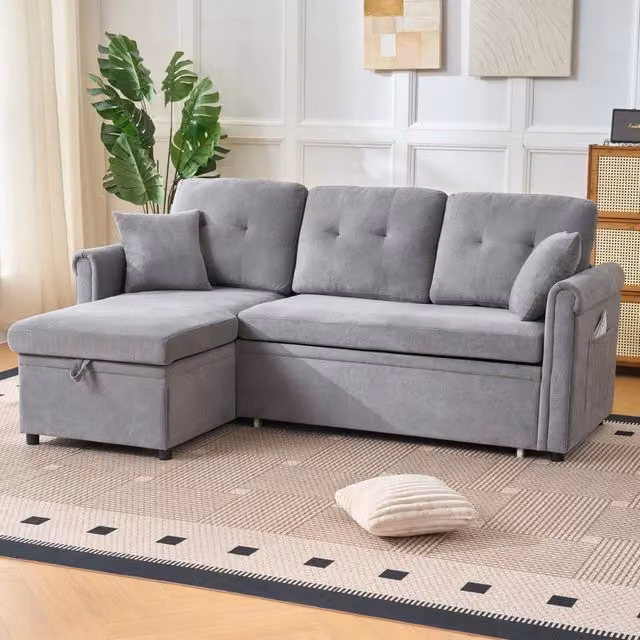 Divano angolare 206x130x85 cm trasformabile con contenitore in ciniglia grigio