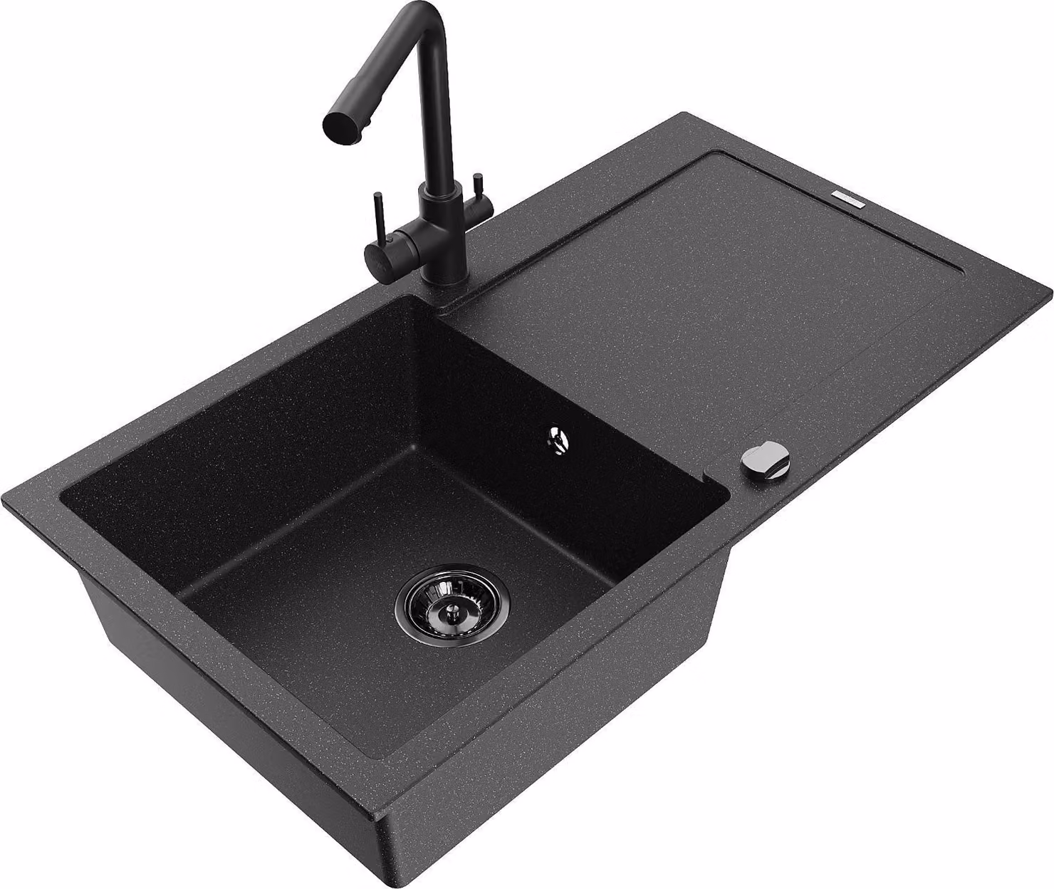 Mexen Leo lavello in granito a 1 vasca con sgocciolatoio e rubinetto da cucina Duero, nero/argento metallizzato