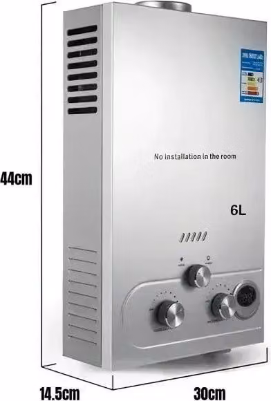 Scaldabagno a gas GPL, potenza 16 kW, portata acqua calda 8 l/min, design a parete, 6 l