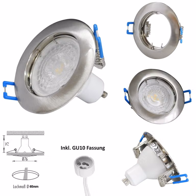 Cornice da incasso ultrapiatta rotonda in acciaio inox spazzolato Faretto da incasso Ø65mm dimensione del foro Lampadina LED inclusa presa GU10 e luce GU10 da 5W [bianco caldo]