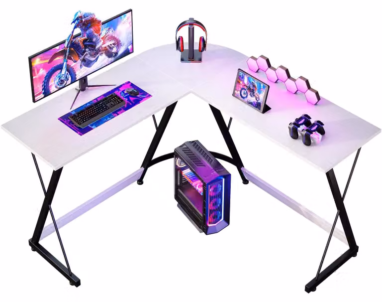Scrivania da gaming a forma di L, dimensioni 120x120 cm, colore bianco
