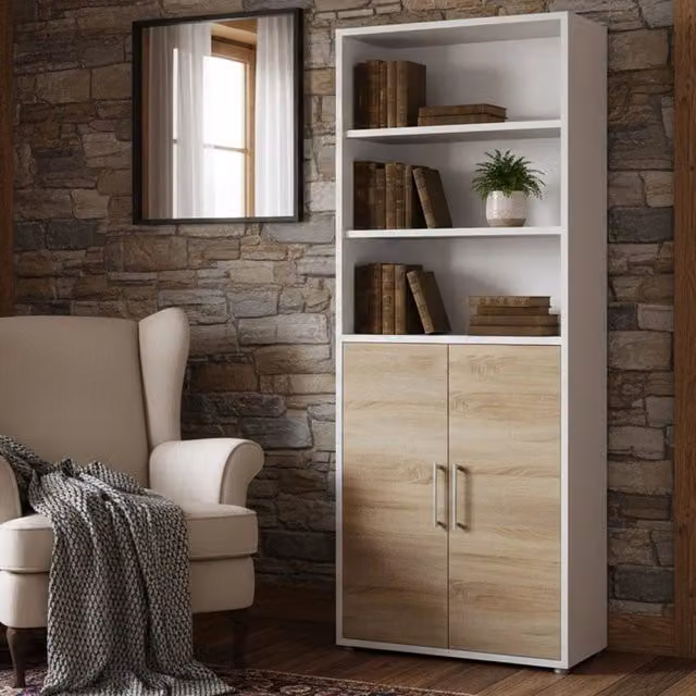 Credenza Valsesia DMORA, Buffet e Madia da Soggiorno o Cucina, Bianco e Quercia, L: 89 cm, P: 40 cm, H: 222 cm – 1