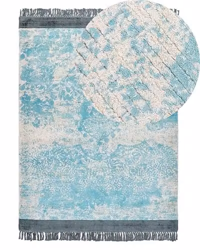 Beliani Tappeto vintage in viscosa con frange 140 x 200 cm blu e beige