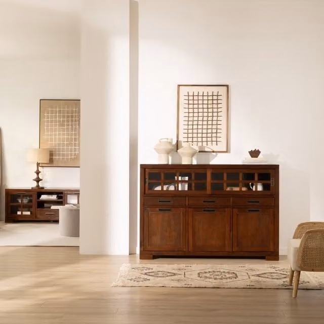 Credenza Banak in legno e vetro con ante scorrevoli colore marrone per soggiorno e sala da pranzo