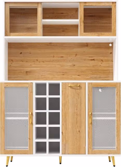 Buffet multifunzione in MDF bianco con effetto legno, 120x40x180 cm, con LED, portabottiglie e presa integrata