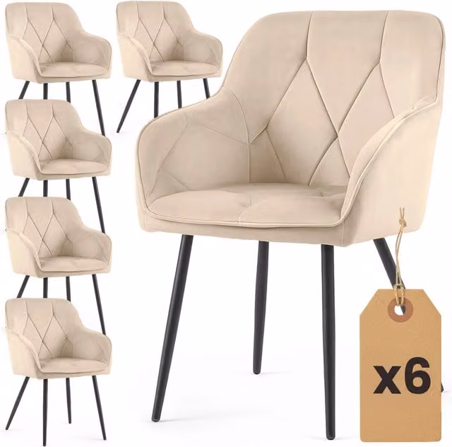 Set di 6 Sedie in velluto trapuntato DIAMANTE Beige gambe nere