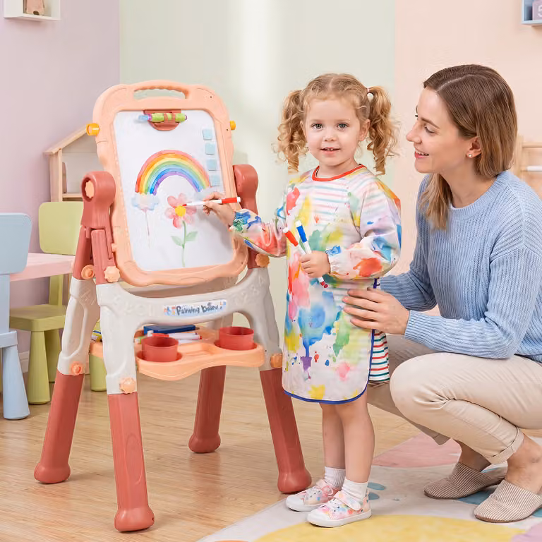 Cavalletto per bambini Costway 4 in 1 con lavagna magnetica a doppia faccia e base girevole 360°, Rosa