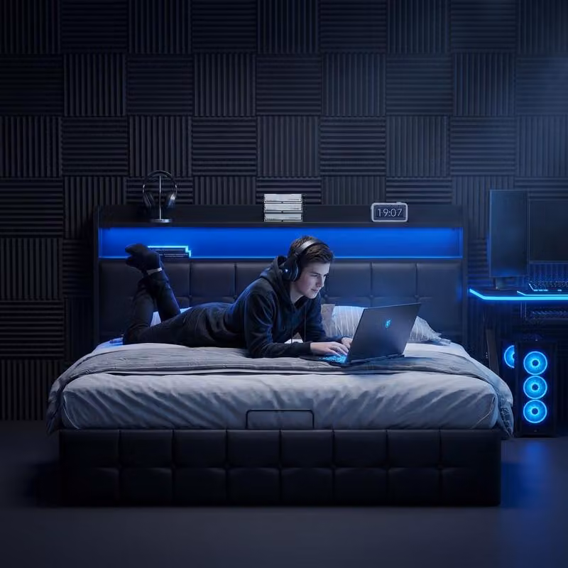 Letto matrimoniale ProximaX 140x200 cm,Poliuretanonero, vano portaoggetti idraulico, illuminazione a LED RGB, stazione di ricarica UE